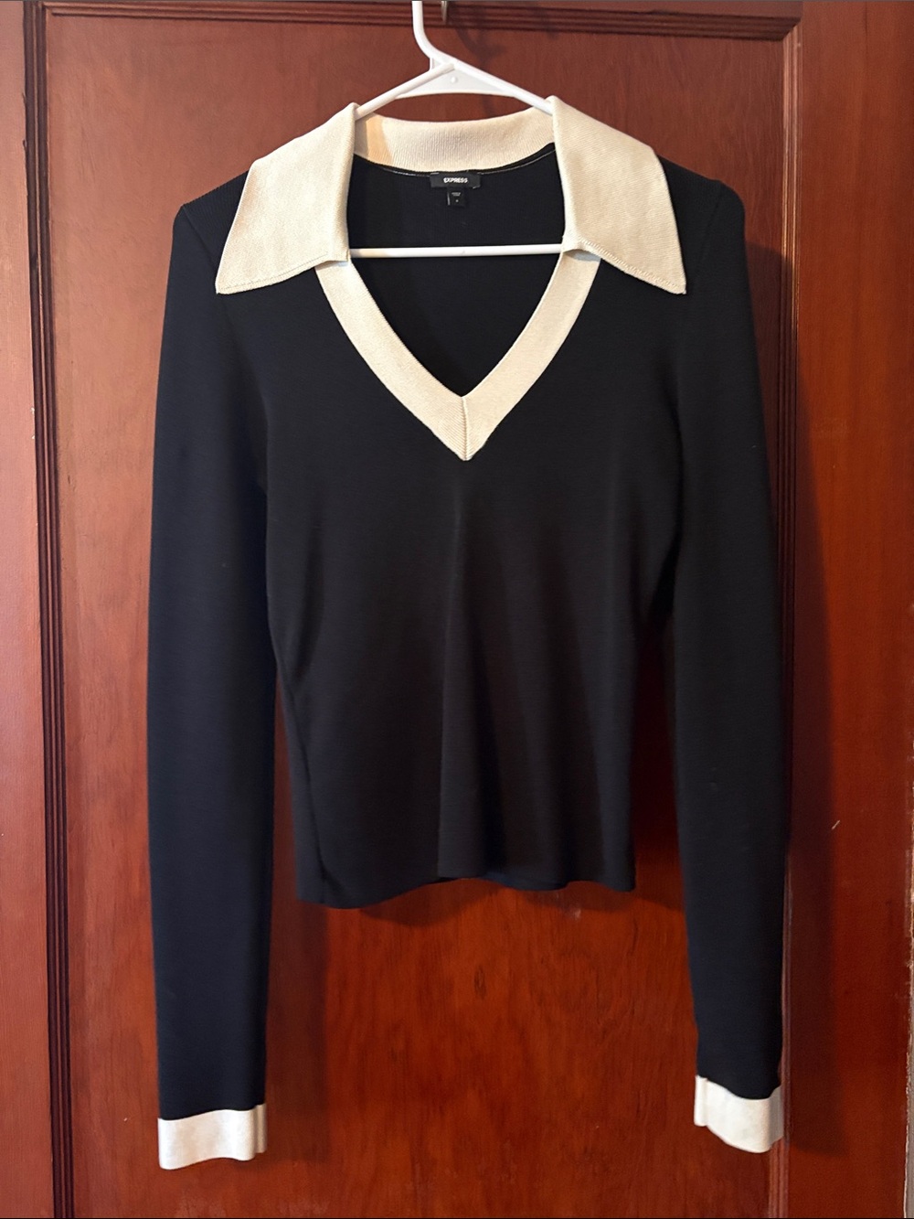 Express Black V-Neck Long Sleeve Top with Cream Collar